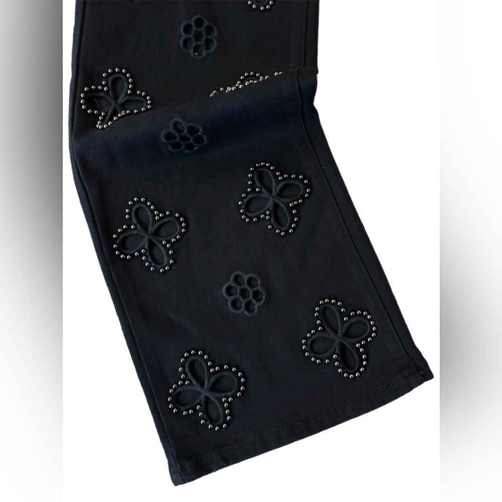LC Lizette Collection Black Studded Floral Cutout Wide Leg Jeans - Size L - Picture 7 of 8